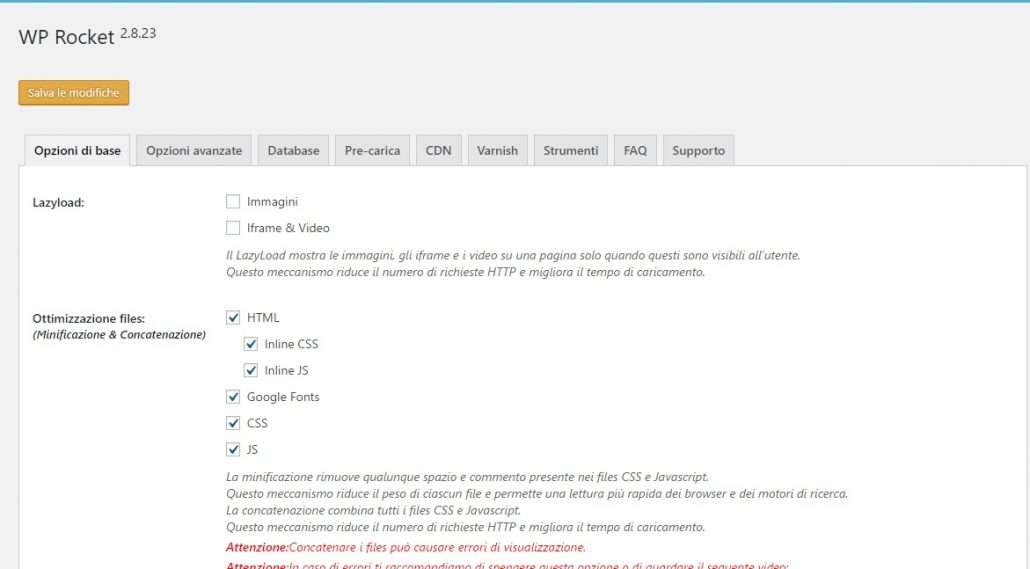 wp rocket opzioni di base